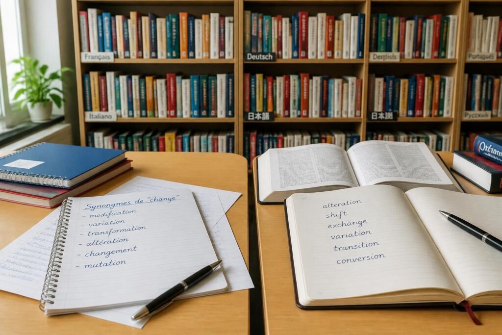 découvrez les synonymes de « change » ainsi que leurs alternatives et équivalents en anglais et en français pour enrichir votre vocabulaire.